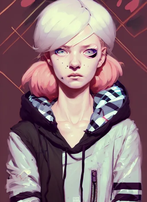 Prompt: highly detailed portrait of a sewer punk lady student, blue eyes, burberry hoodie, white hair by atey ghailan, by greg rutkowski, by greg tocchini, by james gilleard, by joe fenton, by kaethe butcher, gradient gold, black, brown and pink color scheme, grunge aesthetic!!! ( ( graffiti tag wall background ) )