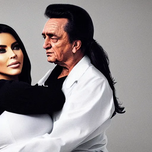 Image similar to johnny cash hugging kim kardashian, kim wearing a skintight nurse outfit, real photo, photoshooting, studio light, hospital background, intricate, epic lighting, cinematic composition, hyper realistic, 8k resolution, unreal engine 5