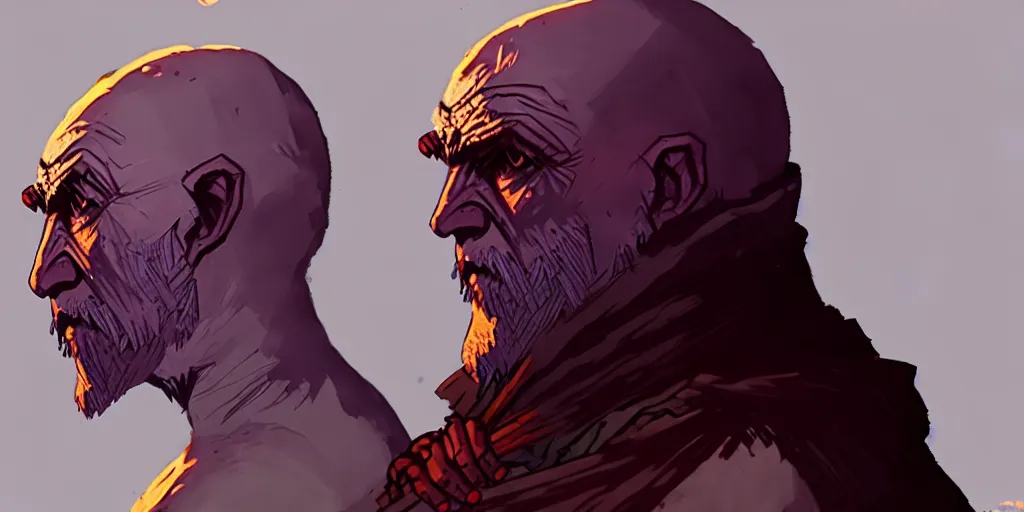 Image similar to monk character portrait, sprite, darkest dungeon, pc game, sideview, art by moebius and greg rutkowski.