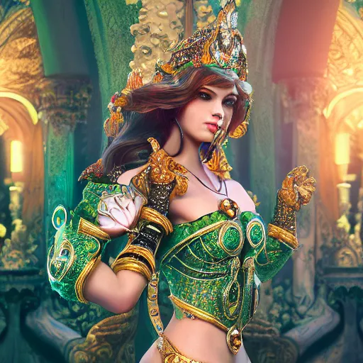 Image similar to photograph of wonderful princess with fair skin, green jewelry, breathtaking, ornate, intricate, hyper detailed, accent lighting, dramatic light, 4 k octane render