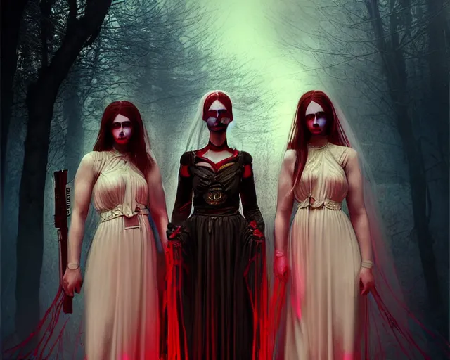 Prompt: three soldiers with beautiful angelic faces, wearing psychedelic wicca, in wedding dresses, red neon weapons, full body, dark and mysterious, atmospheric, ominous, eerie, cinematic light, epic, 8 k 3 d, ultra detail, ultra realistic, by wlop, by mucha, by giger