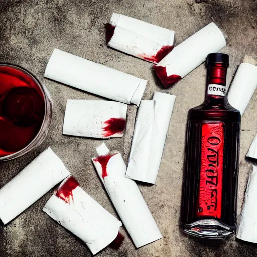 Prompt: blood flows from a bottle of vodka, next to a pack of cigarettes, photo in color