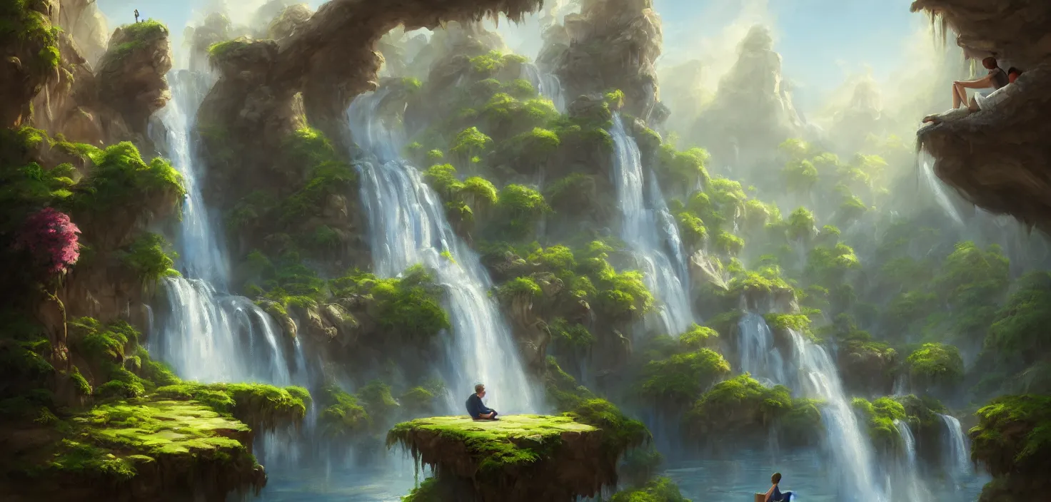 Image similar to a painting of a waterfall with a person sitting on a bench, a detailed matte painting by tyler edlin, artstation, fantasy art, matte painting, 2 d game art, deviantart hd