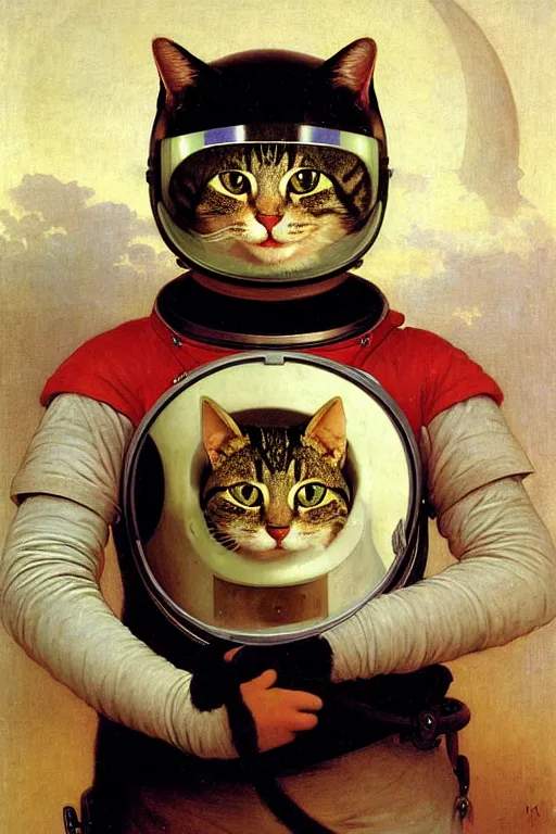 Image similar to portrait of a cat astronaut with armor and helmet, by bouguereau