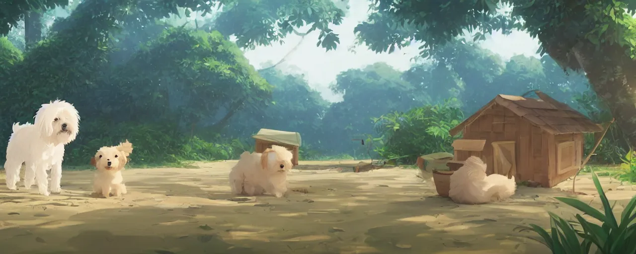 Image similar to a cream - colored havanese dog building a house from leaves and trees at a tropical beach, atey ghailan, goro fujita, studio ghibli, rim light, exquisite lighting, clear focus, very coherent,