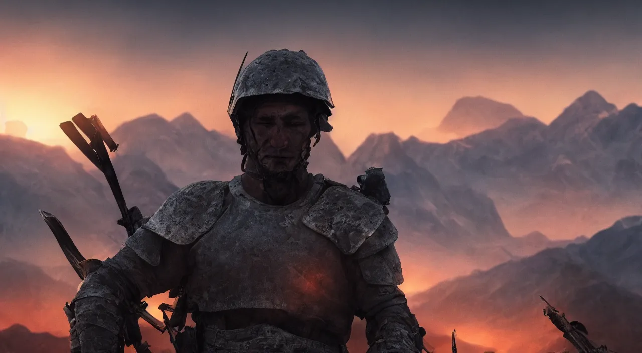 Image similar to cinematic artwork close up of a warrior standing front and center in front of his army on a battlefield, light on his face, eyes closed, mountains behind him, dusk, atmospheric, artwork by Greg Rutowski, masterpiece, 4k