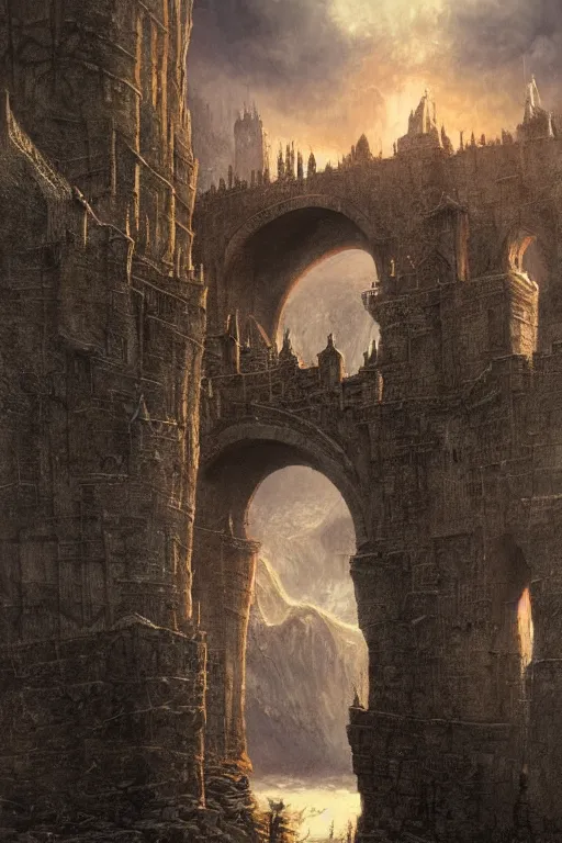 Prompt: Moria The Bridge of Khazad-dûm in the evening, detailed matte painting, cinematic, Alan Lee, Artstation