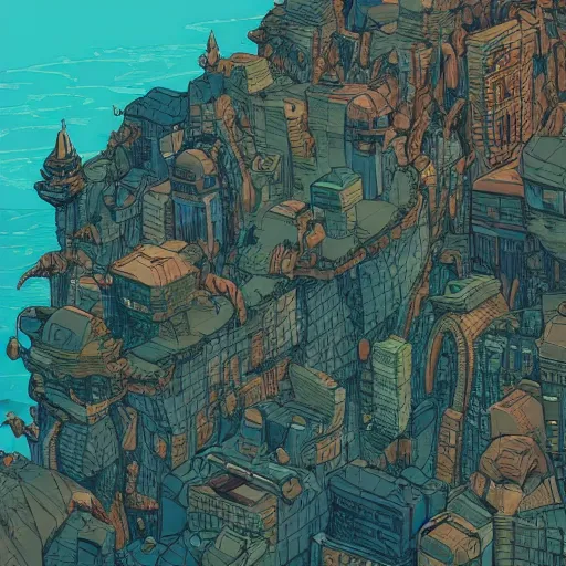 Prompt: cell shaded adult animation, a birds eye view overlooking a walled off ancient fantasy city being attacked by horrific monsters, surrounded by mountains and trees of greens and browns, rivers, concept art by josan gonzales and wlop, Laurie Greasley, Bekinski and james jean, highly detailed, sharp focus, Trending on Artstation, HQ, deviantart, art by artgem