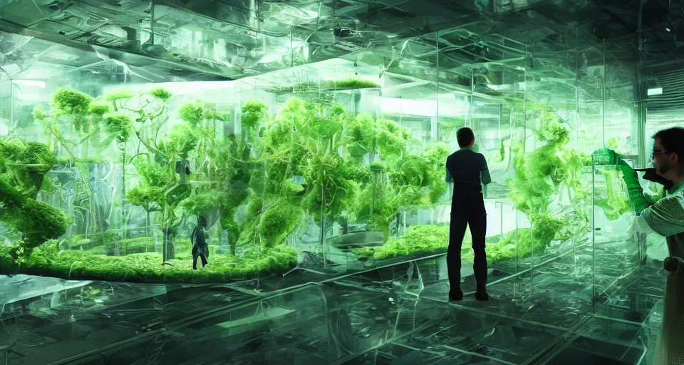 Image similar to a 1 8 mm photo of a scientist looking at a wall of green transparent bio - mechanical pods with different species of creatures inside, 4 k, unreal engine, concept art, matte painting, cosmic horror, nightmare,