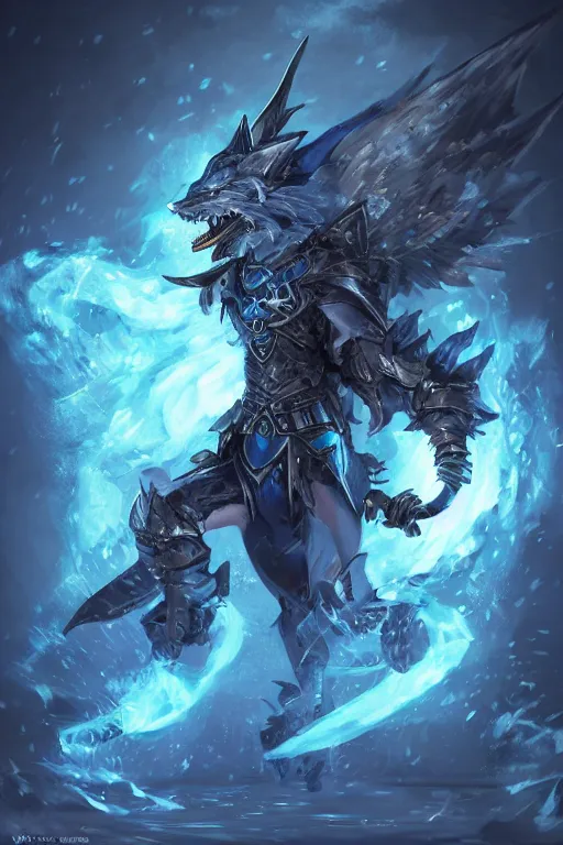 Image similar to anthropomorphic Azure wolf knight, DnD character art portrait, fantasy battleground, raining, blue flame, oil painting, heroic pose, magic the gathering artwork, D&D, fantasy, cinematic lighting, centered, symmetrical, highly detailed, digital painting, artstation, concept art, chromatic aberration, post processing, smooth, sharp focus, illustration, volumetric lighting, epic Composition, 8k, art, DeviantArt, trending on Artstation, Jason Felix, Steve Argyle, Tyler Jacobson, Peter Mohrbacher, Akihiko Yoshida, Greg Rutkowski, Craig Mullins, Frank Frazetta, cinematic lighting