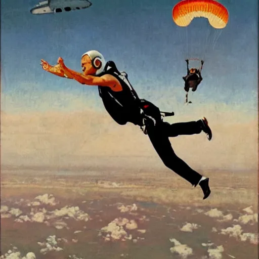 Prompt: benjamin netanyahu skydiving, plane and parachute in background, by norman rockwell, highly detailed, sharp faces