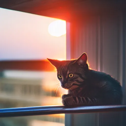 Prompt: a cat on a balcony staring in the cyberpunk sunset dslr