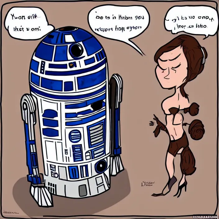 Prompt: r 2 d 2 seducing princess leia with a hilarious joke, high quality fan art