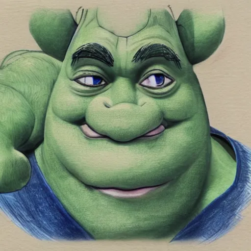 Image similar to beautiful water color concept art of face detailing shrek in the style of japanese wood printing , toon rendering, close-up, no shade, modern art, kyoto animation, manga, Julian Opie