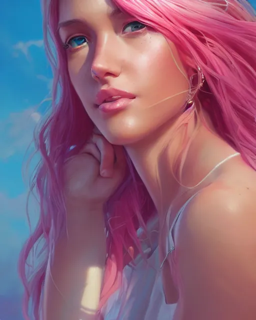 Image similar to summer vibes, beautiful sun tanned goddess portrait, flowy pink hair, sun, summer, cinematic lighting, highly detailed, digital painting, trending on artstation, pixiv, concept art, sharp focus, illustration, art by ross tran and wlop