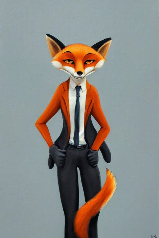 Image similar to oil painting of anthromorphic female fox, in style of zootopia, female fursona, furry, furaffinity, 4 k, deviantart, furry art, fursona art, wearing black business suit, business suit, fox fursona, female, smug expression,