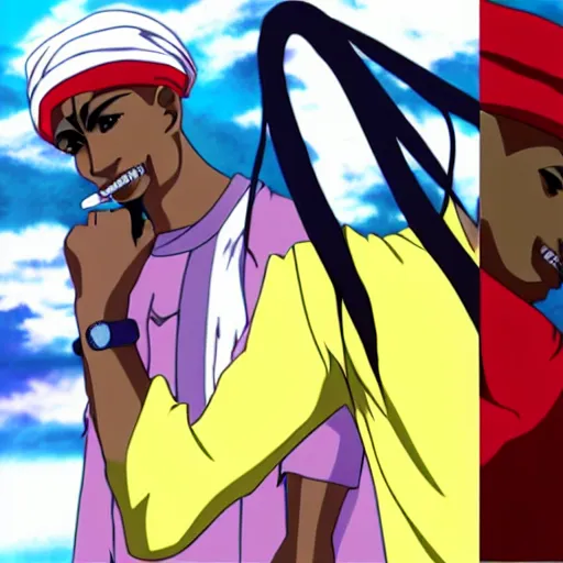 Image similar to Tupac Shakur, screenshot from a 2012s anime