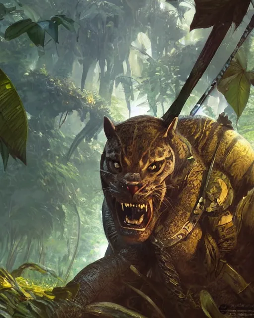 Image similar to Panther warrior in armor sneaking in jungle, portrait, magic the gathering artwork, D&D, fantasy, cinematic lighting, centered, symmetrical, highly detailed, digital painting, artstation, concept art, smooth, sharp focus, illustration, volumetric lighting, epic Composition, 8k, art by Akihiko Yoshida and Greg Rutkowski and Craig Mullins, oil painting, cgsociety