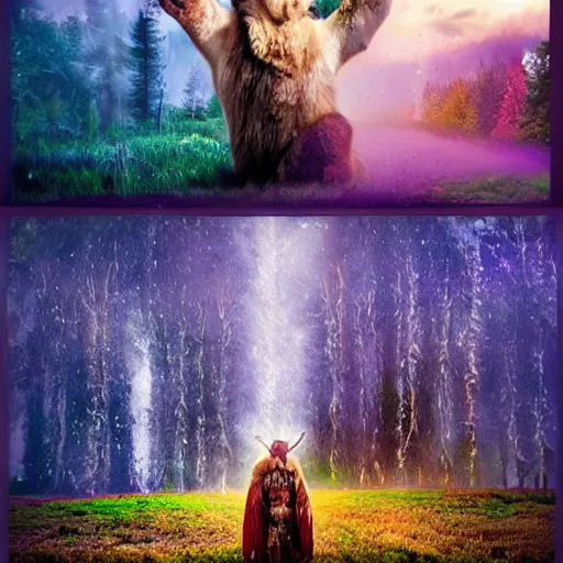 Prompt: shaman in the bear skin dancing in the field under the epic colourful rain, photo realistic, highly detailed, hyperrealistic, Chronicles of Narnia movie style 8k,