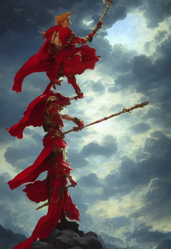 Image similar to A boisterous Red Mage wearing striped shining armor holding a staff of power surrounded by an epic cloudscape. The Magus Omega . Red Wizard. Morpheus. masterpiece. 4k digital illustration. by Ruan Jia and Artgerm and Andreas Rocha and William-Adolphe Bouguereau and Jean-Baptiste de Champaigne. award winning, Artstation, intricate details, realistic, Hyperdetailed, 8k resolution. Concept Painting. Key Art