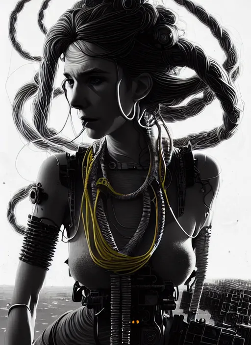 Image similar to highly detailed portrait of a cyberpunk long curly white hair tribal lady, stray wiring by atey ghailan, james gilleard, by joe fenton, by greg rutkowski, by greg tocchini, by kaethe butcher, 4 k resolution, gradient yellow, black and white color scheme!!! ( ( sandstorm robotic desert landscape background ) )