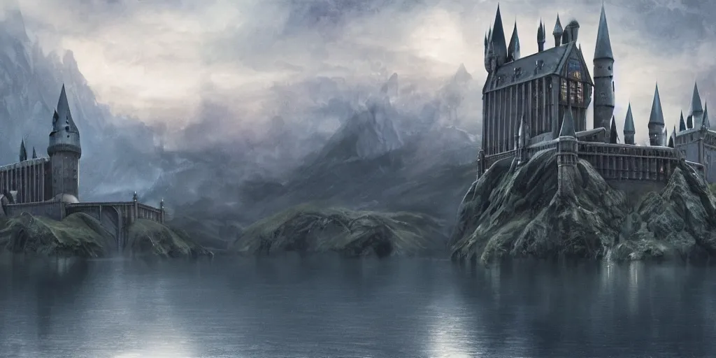 Image similar to Hogwarts in the evening. Lake. Detailed matte painting. Cinematic. Alan Lee. Artstation.