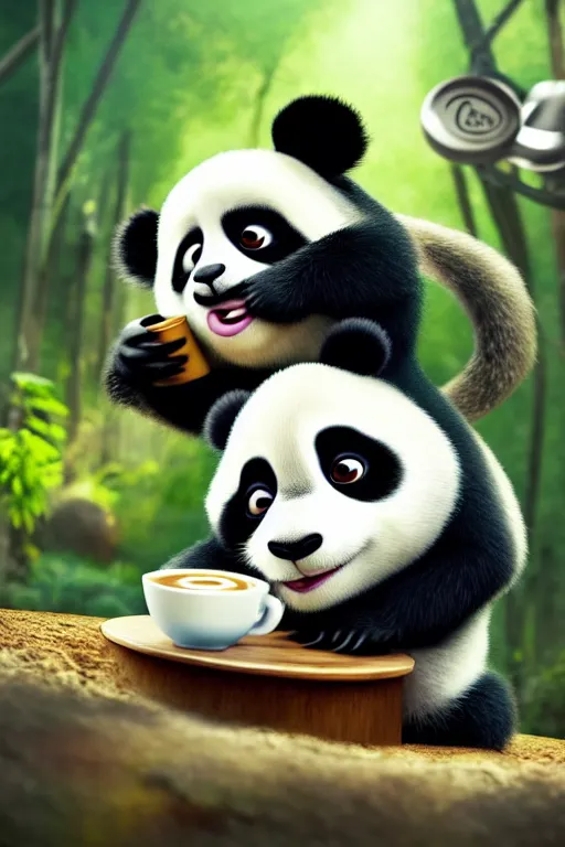 Image similar to a cute panda with big eyes looking at a cup of coffee in the forest. Pixar Disney 4K 3d render funny animation movie Oscar winning trending on ArtStation and Behance. Ratatouille style.