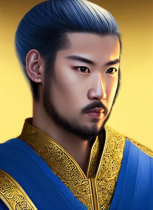 Prompt: male martial artist!! manchu queue pigtail hairstyle!!!! asian facial features and blue eyes!! intricate ornate blue robes!! character concept art, sharp focus, octane render! unreal engine 5! highly rendered!! trending on artstation!! detailed linework!! illustration by artgerm, wlop, and chie yoshii