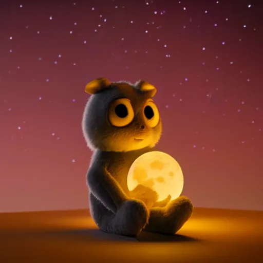 Prompt: a cute stuffed animal holding the moon in it's hand, backlight, 3 d render, octane render, still from moon keeper by pixar