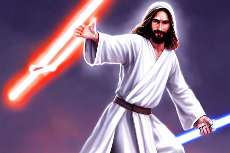 Image similar to jesus christ in a white robe striking sn action pose, jesus has a lightsaber ; art by artgerm ; digital art ; character art ;