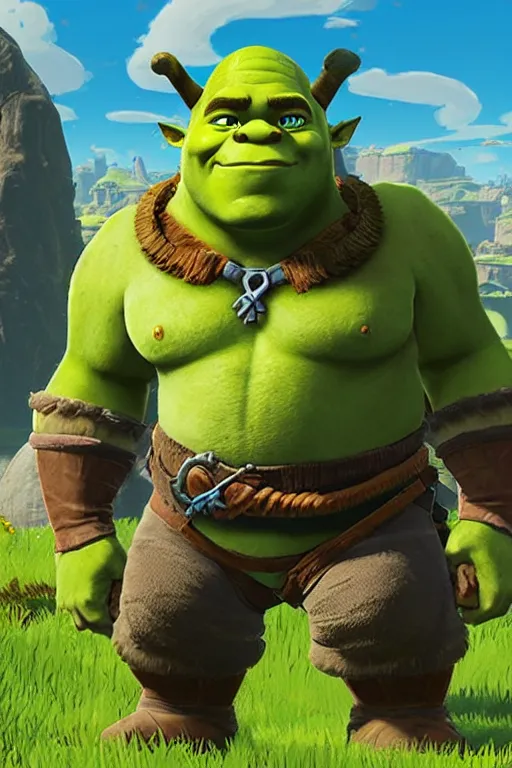 Image similar to an in game portrait of shrek from the legend of zelda breath of the wild, breath of the wild art style.