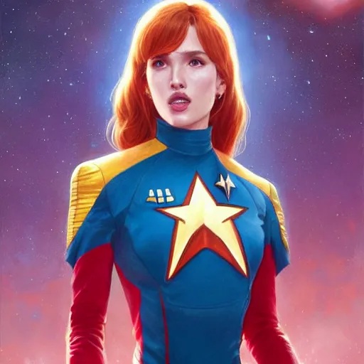 Image similar to ultra realistic illustration, bella thorne as captain wearing star trek red uniform, intricate, elegant, highly detailed, digital painting, artstation, concept art, smooth, sharp focus, illustration, art by artgerm and greg rutkowski and alphonse mucha