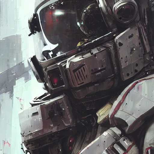 Image similar to astronaut, cyberpunk, realistic, detailed, Industrial Scifi, paint, in the style of Ashley Wood and Wadim Kashin