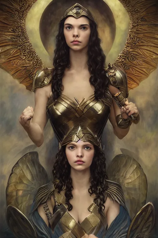 Image similar to Mystical Valkyrie, Gal Gadot, hybrid, Anya Taylor-Joy, Portrait of a beautiful female Reptilian warrior, Regal, Realistic, Refined, Detailed Digital Art, Josephine wall, Oil Painting, William-Adolphe Bouguereau, Art Frahm, Esao Andrews, Steampunk, Walt Disney (1937), Highly Detailed, Cinematic Lighting, Unreal Engine, 8k, HD