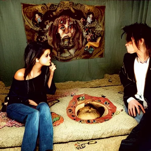 Prompt: Selena Gomez and Young Johnny Depp eating mushrooms and tripping in a shag carpet house, photograph: Annie Leibovitz