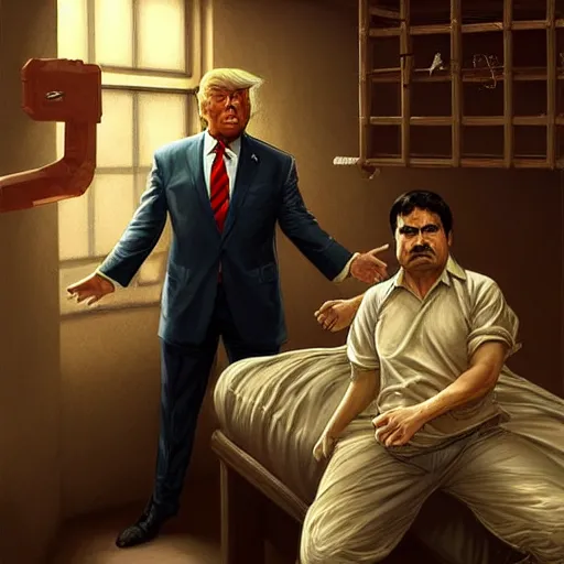 Image similar to illustration of donald trump and El Chapo sharing a prison cell in jail. videogame cover art, highly detailed, digital painting, artstation, concept art, smooth, detailed armor, sharp focus, beautiful face, illustration, art by Artgerm and greg rutkowski and alphonse mucha