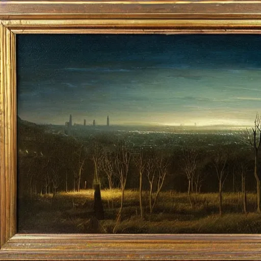 Image similar to city, distant valley, trees, night, dramatic light, oil painting, by caspar david friedrich