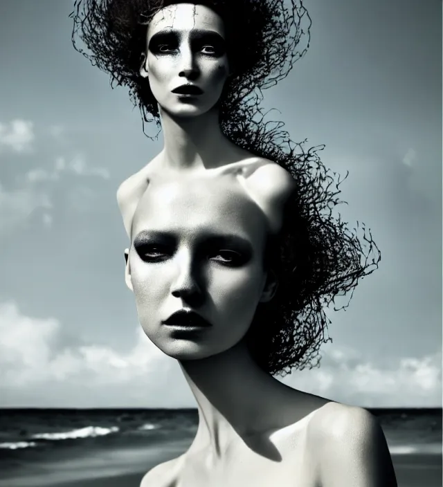 Prompt: photography face portrait of one stunning woman in white beach ocean, dress by iris van herpen, creative colorfull - makeup, curly hair style halflong, photography by paolo roversi nick knight, helmut newton, avedon, and araki, sky forest background, natural pose, highly detailed, skin grain detail