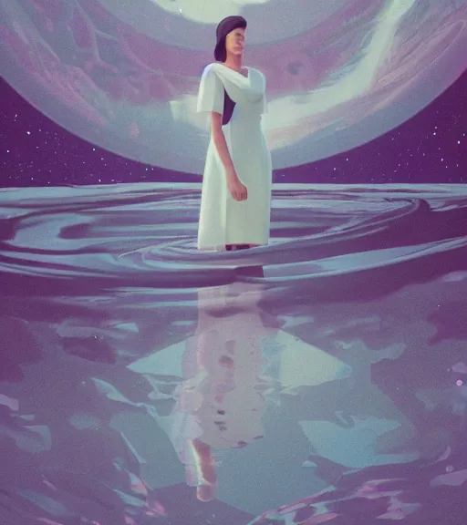 Prompt: a woman in a white dress standing in the water, an album cover by mike winkelmann, behance contest winner, cubo - futurism, synthwave, outrun, chillwave, trending on artstation