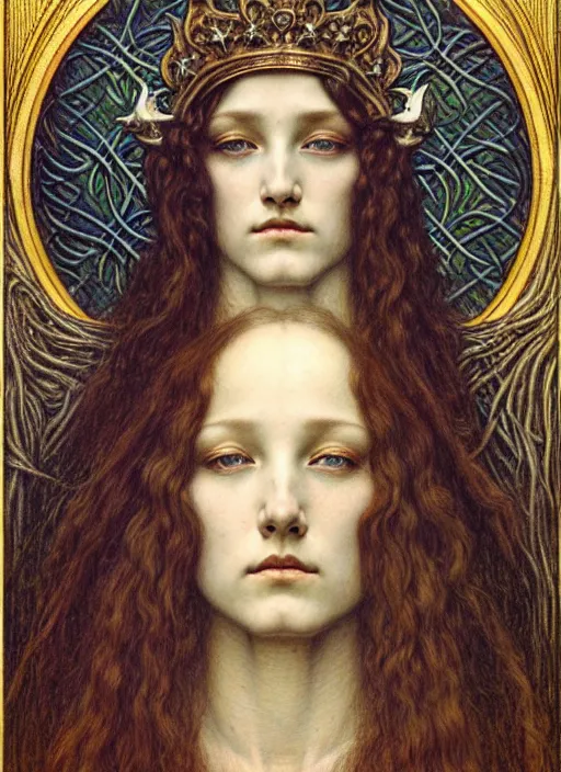 Image similar to detailed realistic beautiful young medieval queen face portrait by jean delville, gustave dore and marco mazzoni, art nouveau, symbolist, visionary, gothic, pre - raphaelite. horizontal symmetry