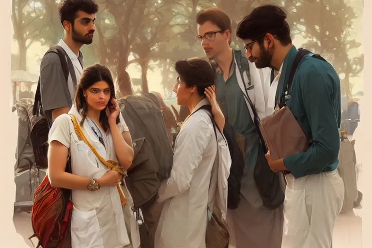 Prompt: Depressed good looking pale young Indian doctors wearing American clothes chatting at the airport, portrait, elegant, intricate, digital painting, artstation, concept art, smooth, sharp focus, illustration, art by artgerm and greg rutkowski and alphonse mucha