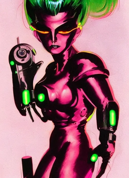 Image similar to female evil android, neon hair, glowing skin, strong line, saturated color, beautiful! coherent! by frank frazetta, high contrast, minimalism