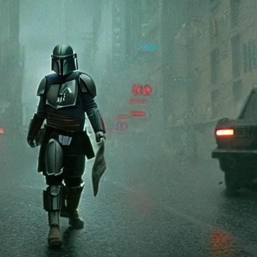 Image similar to Mandalorian in Blade Runner on a rainy city street with cars flying through the background