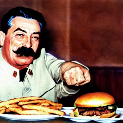 Prompt: stalin smashes burger with his fist