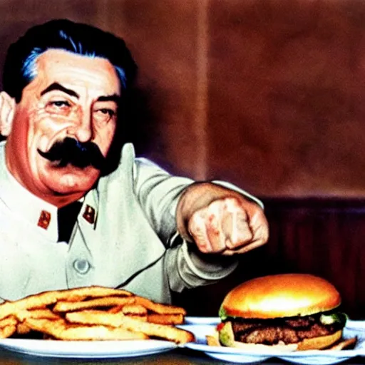 Image similar to stalin smashes burger with his fist