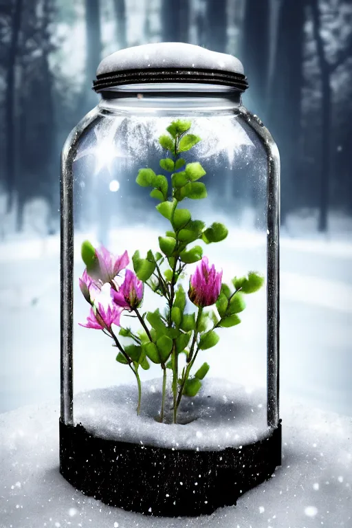 Prompt: a closed glass jar with a metal lid and flowers growing inside, standing in the snow in a dark forest at night. earth inside jar. bokeh, hyperrealistic, moonlight, cgsociety, artstation, 8 k, beautiful digital art