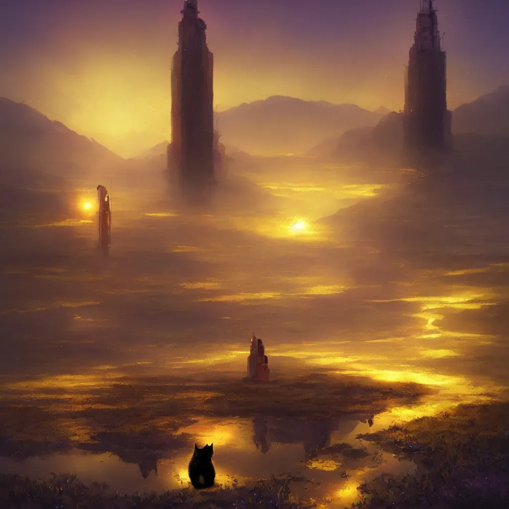 Image similar to lake filed with molten gold, volume lighting, cat on for ground and purple tower on back ground concept art, by greg rutkowski