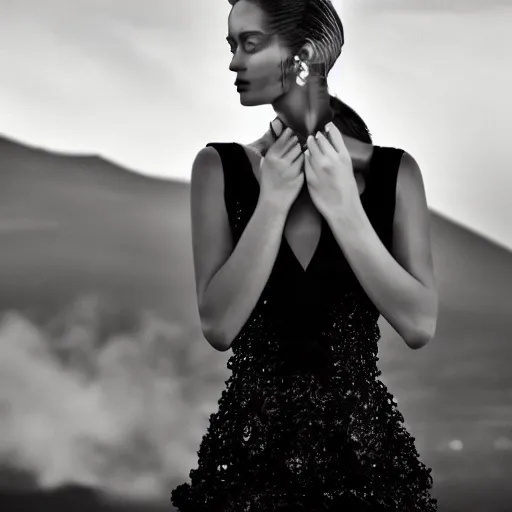 Prompt: close up of face of a fashion model in luxury dress, at etna vulcano in background, dramatic lighting, smoke, official dior editorial, highly detailed