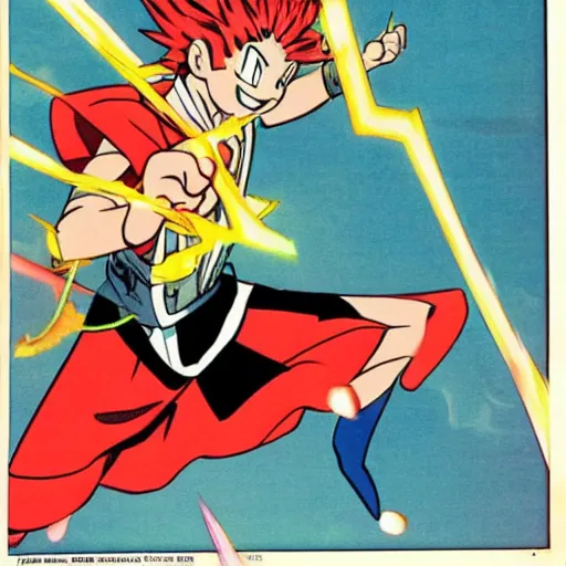 Prompt: magical boy throwing a bolt of fire, in shonen jump magazine, art by osamu tezuka, manga, anime