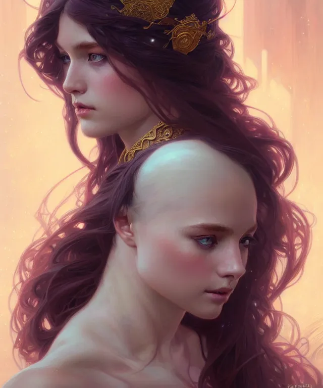 Image similar to young goddess, portrait, blue eyes, beautiful face, long hair, fantasy, ornamental, intricate, elegant, highly detailed, digital painting, artstation, concept art, smooth, sharp focus, illustration, art by artgerm and Greg Rutkowski and Alphonse Mucha